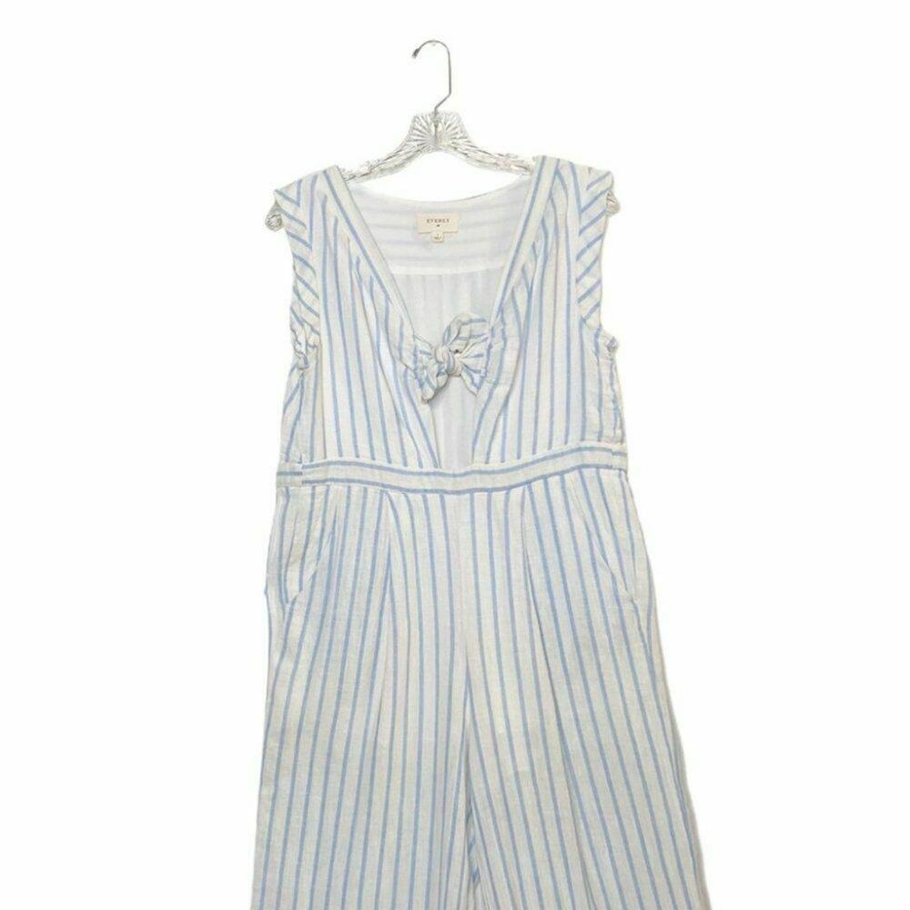everly Tie-Front Culotte Jumpsuit in Ikat Stripe white blue sz small linen - Picture 9 of 12